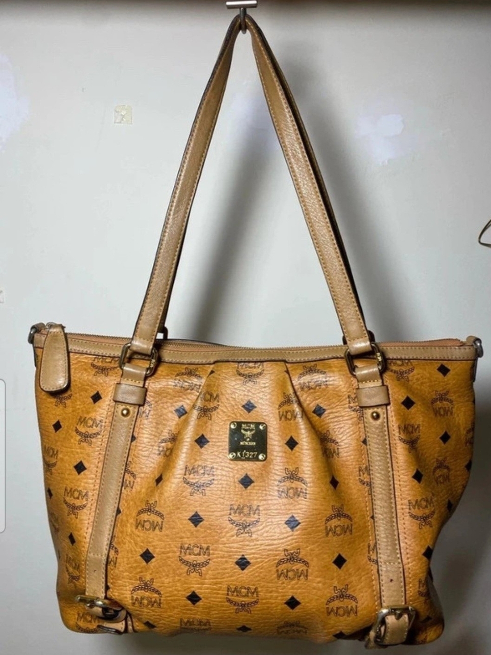 MCM Cognac Visetos Logo Tote Bag